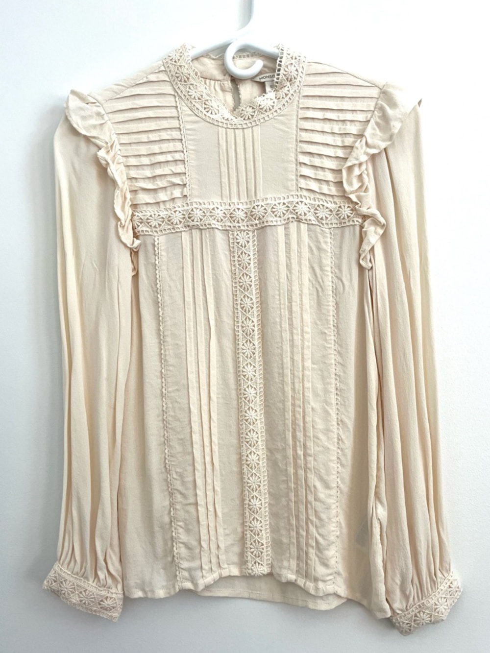 Monsoon vintage inspired blouse in cream, with ruffles and floral accents